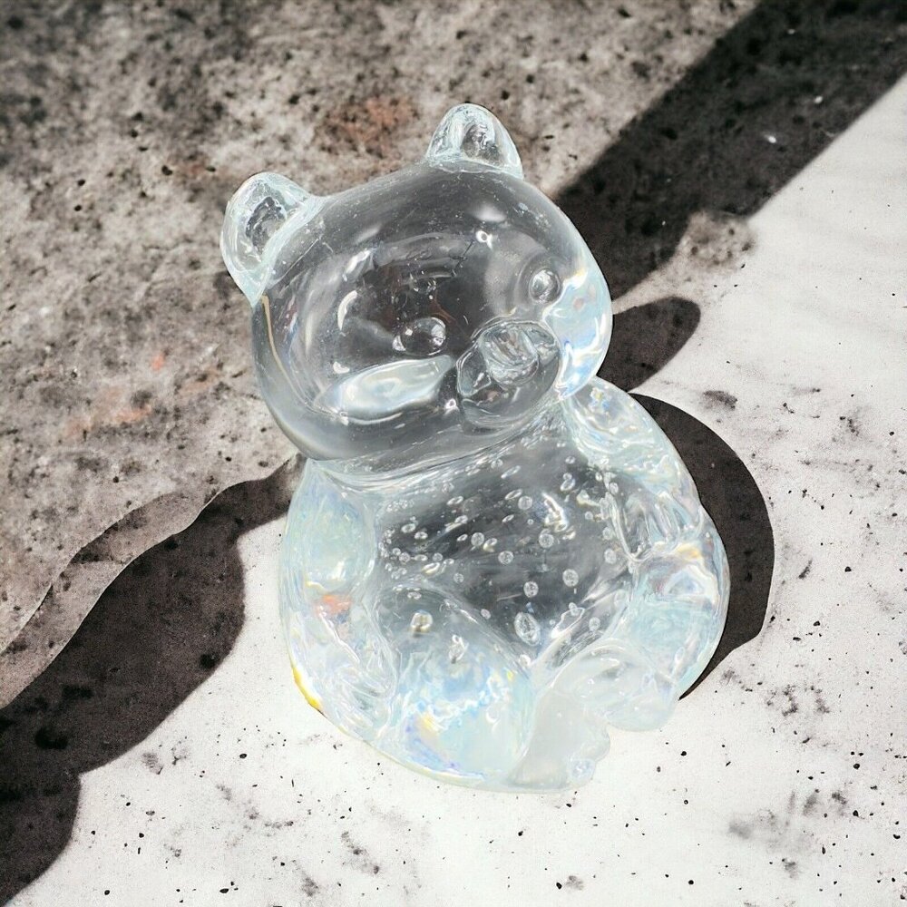 Vintage Clear Baby Bear Glass Figurine Paperweight With Small Bubbles Whimsical